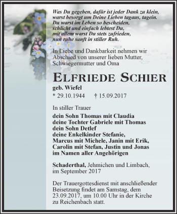 Traueranzeige von Elfriede Schier