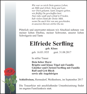 Traueranzeige von Elfriede Serfling von Ostthüringer Zeitung