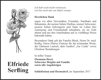 Traueranzeige von Elfriede Serfling von Ostthüringer Zeitung