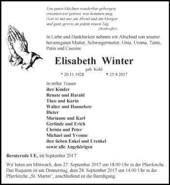 Traueranzeige von Elisabeth Winter von Thüringer Allgemeine