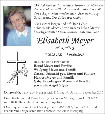 Traueranzeige von Elisabeth Wleyer von Thüringer Allgemeine