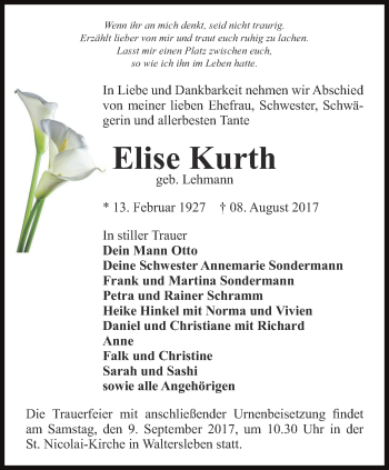 Traueranzeige von Elise Kurth von Thüringer Allgemeine, Thüringische Landeszeitung