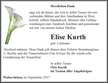 Traueranzeige von Elise Kurth von Thüringer Allgemeine, Thüringische Landeszeitung