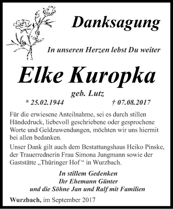 Traueranzeige von Elke Kuropka von Ostthüringer Zeitung