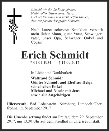 Traueranzeige von Erich Schmidt von Ostthüringer Zeitung