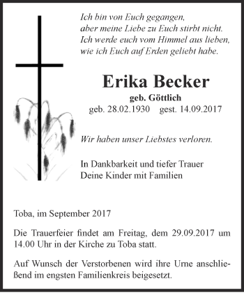 Traueranzeige von Erika Becher von Thüringer Allgemeine