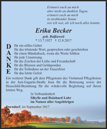 Traueranzeige von Erika Becker von Ostthüringer Zeitung, Thüringische Landeszeitung