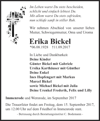 Traueranzeige von Erika Bickel von Thüringer Allgemeine