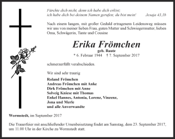 Traueranzeige von Erika Frömchen von Thüringer Allgemeine, Thüringische Landeszeitung