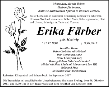 Traueranzeige von Erika Färber von Ostthüringer Zeitung