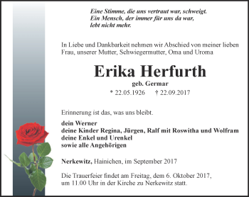 Traueranzeige von Erika Herfurth von Ostthüringer Zeitung, Thüringische Landeszeitung