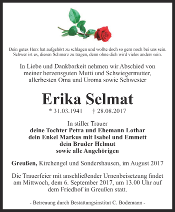 Traueranzeige von Erika Selmat von Thüringer Allgemeine