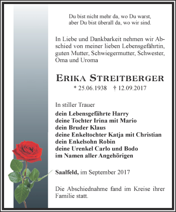 Traueranzeige von Erika Streitberger