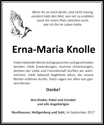 Traueranzeige von Erna-Maria Knolle von Thüringer Allgemeine