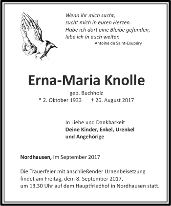 Traueranzeige von Erna-Maria Knolle von Thüringer Allgemeine