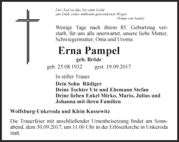 Traueranzeige von Erna Pampel von Thüringer Allgemeine, Thüringische Landeszeitung