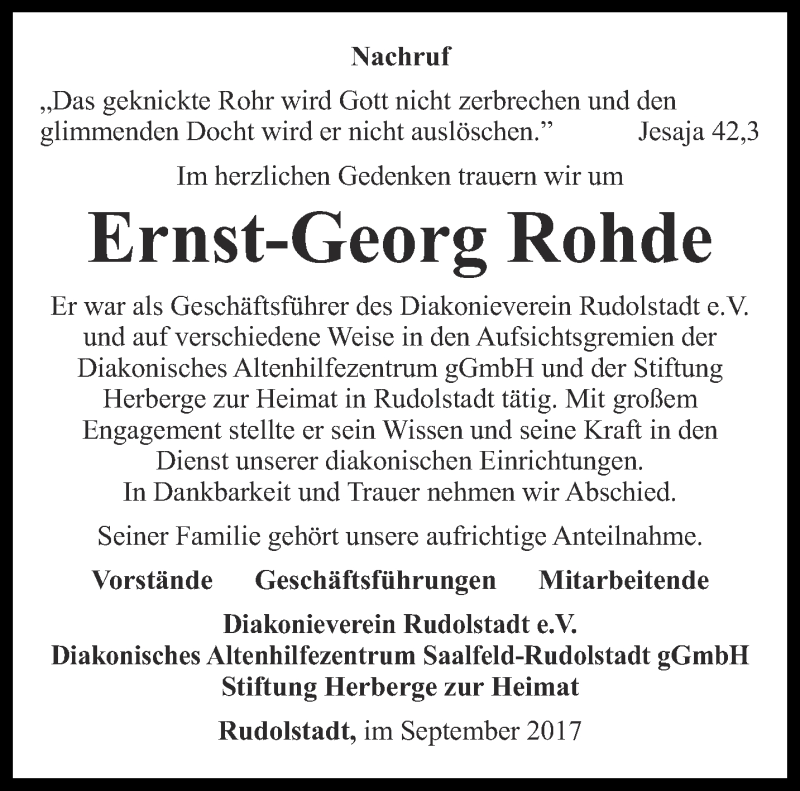  Traueranzeige für Ernst-Georg Rohde vom 09.09.2017 aus Ostthüringer Zeitung