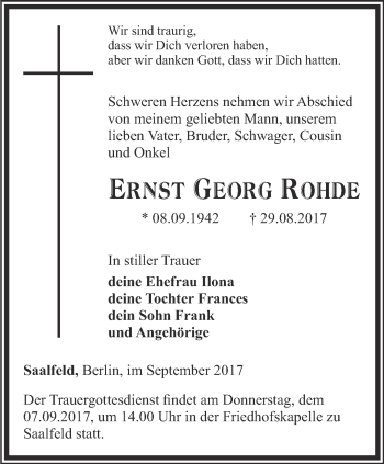 Traueranzeige von Ernst Georg Rohde