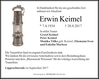 Traueranzeige von Erwin Keimel von Thüringer Allgemeine