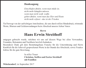 Traueranzeige von Erwin Streithoff von Ostthüringer Zeitung