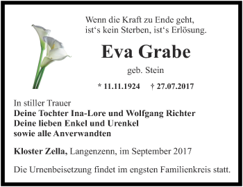 Traueranzeige von Eva Grabe von Thüringer Allgemeine, Thüringische Landeszeitung