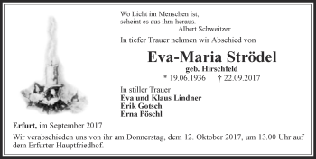 Traueranzeige von Eva-Maria Strödel von Thüringer Allgemeine, Thüringische Landeszeitung