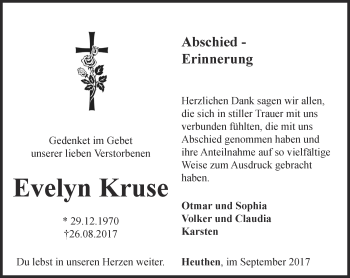 Traueranzeige von Evelyn Kruse von Thüringer Allgemeine