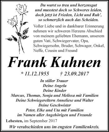 Traueranzeige von Frank Kuhnen von Ostthüringer Zeitung