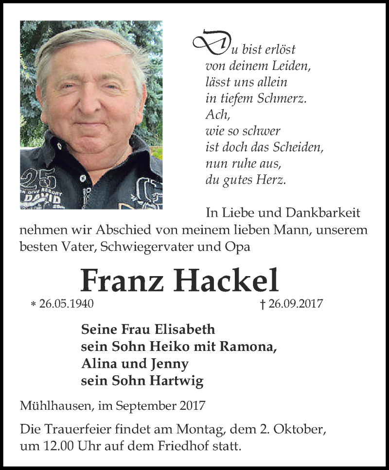  Traueranzeige für Franz Hackel vom 28.09.2017 aus Thüringer Allgemeine, Thüringische Landeszeitung