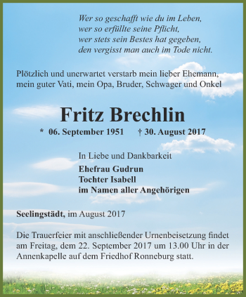 Traueranzeige von Fritz Brechlin von Ostthüringer Zeitung