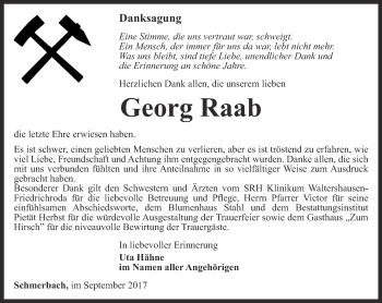 Traueranzeige von Georg Raab von Ostthüringer Zeitung, Thüringische Landeszeitung