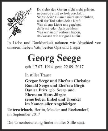 Traueranzeige von Georg Seege von Ostthüringer Zeitung