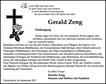 Traueranzeige von Gerald Zeng von Thüringer Allgemeine, Thüringische Landeszeitung