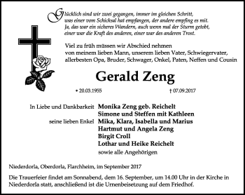 Traueranzeige von Gerald Zeng von Thüringer Allgemeine, Thüringische Landeszeitung