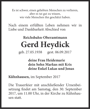 Traueranzeige von Gerd Heydick von Thüringer Allgemeine, Thüringische Landeszeitung