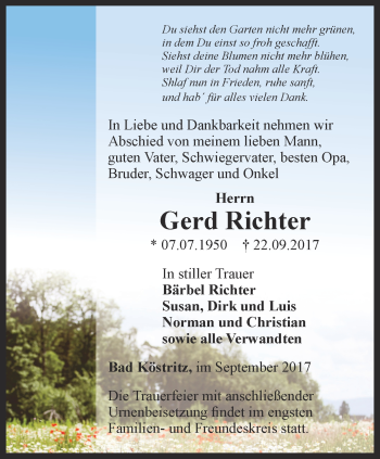 Traueranzeige von Gerd Richter von Ostthüringer Zeitung