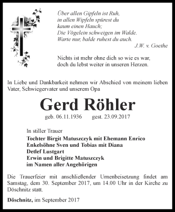 Traueranzeige von Gerd Röhler von Ostthüringer Zeitung
