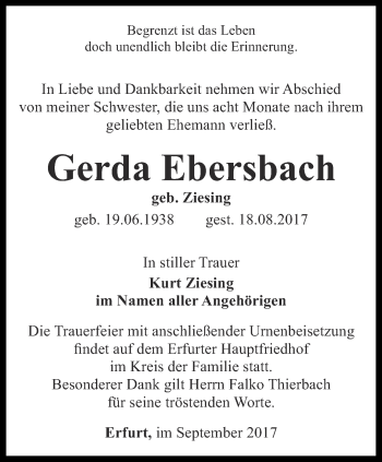 Traueranzeige von Gerda Ebersbach von Thüringer Allgemeine, Thüringische Landeszeitung