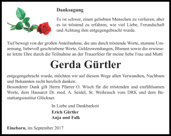 Traueranzeige von Gerda Gürtler von Ostthüringer Zeitung