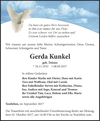 Traueranzeige von Gerda Kunkel von Ostthüringer Zeitung, Thüringische Landeszeitung