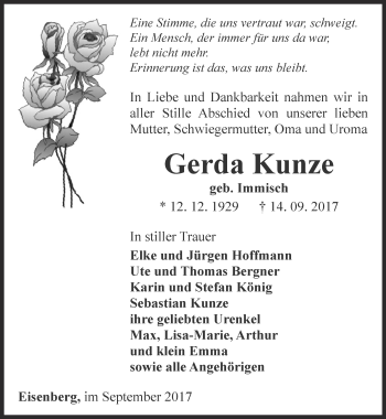 Traueranzeige von Gerda Kunze von Ostthüringer Zeitung