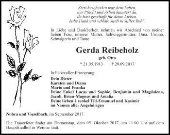 Traueranzeige von Gerda Reibeholz von Thüringer Allgemeine, Thüringische Landeszeitung