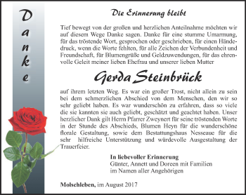 Traueranzeige von Gerda Steinbrück von Ostthüringer Zeitung, Thüringische Landeszeitung