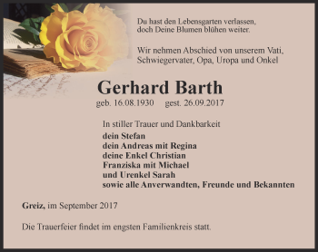 Traueranzeige von Gerhard Barth