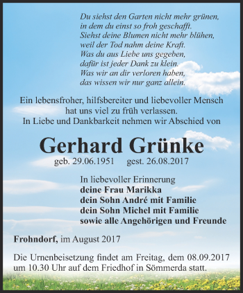 Traueranzeige von Gerhard Grünke von Thüringer Allgemeine, Thüringische Landeszeitung