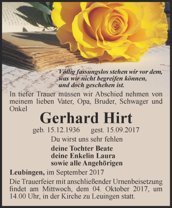 Traueranzeige von Gerhard Hirt von Thüringer Allgemeine