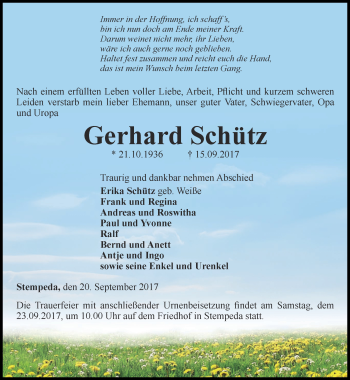 Traueranzeige von Gerhard Schütz von Thüringer Allgemeine
