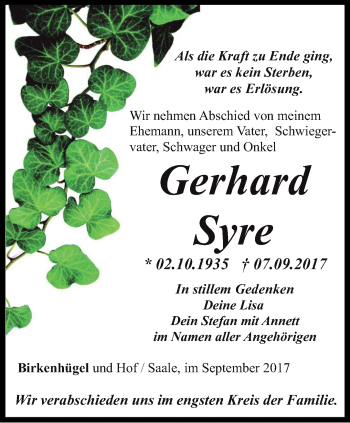 Traueranzeige von Gerhard Syre von Ostthüringer Zeitung