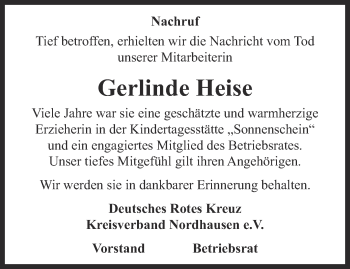 Traueranzeige von Gerlinde Heise von Thüringer Allgemeine