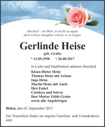 Traueranzeige von Gerlinde Heise von Thüringer Allgemeine